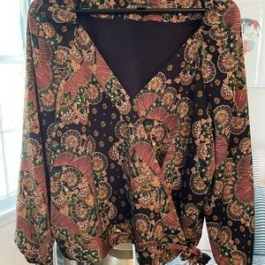 J. Crew Floral Wrap Blouse - Black and Brown